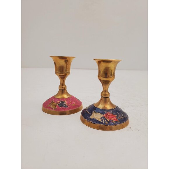 Vintage Brass Candlestick Holder | round Base |Vintage Enamelled Brass - Picture 4 of 10